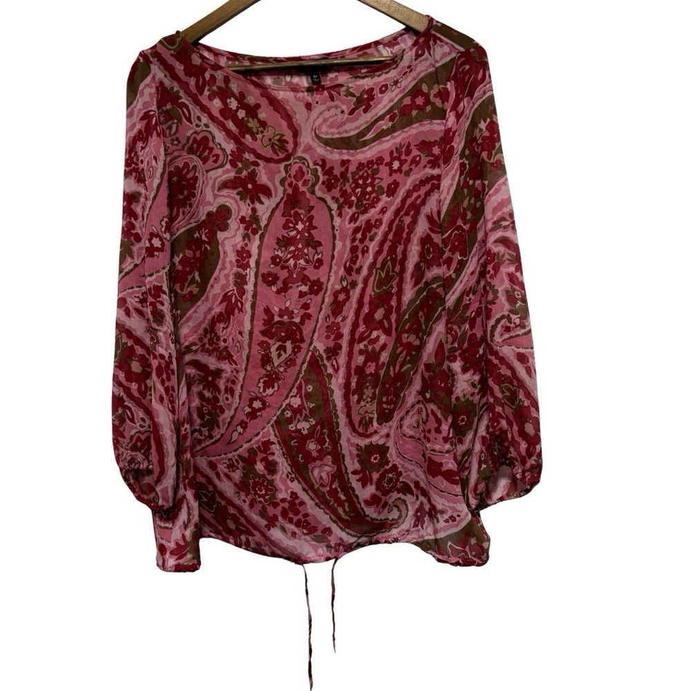 Talbots Blouse Women 16 Petite Red Floral Silk Long Sleeve Semi Sheer Career Top